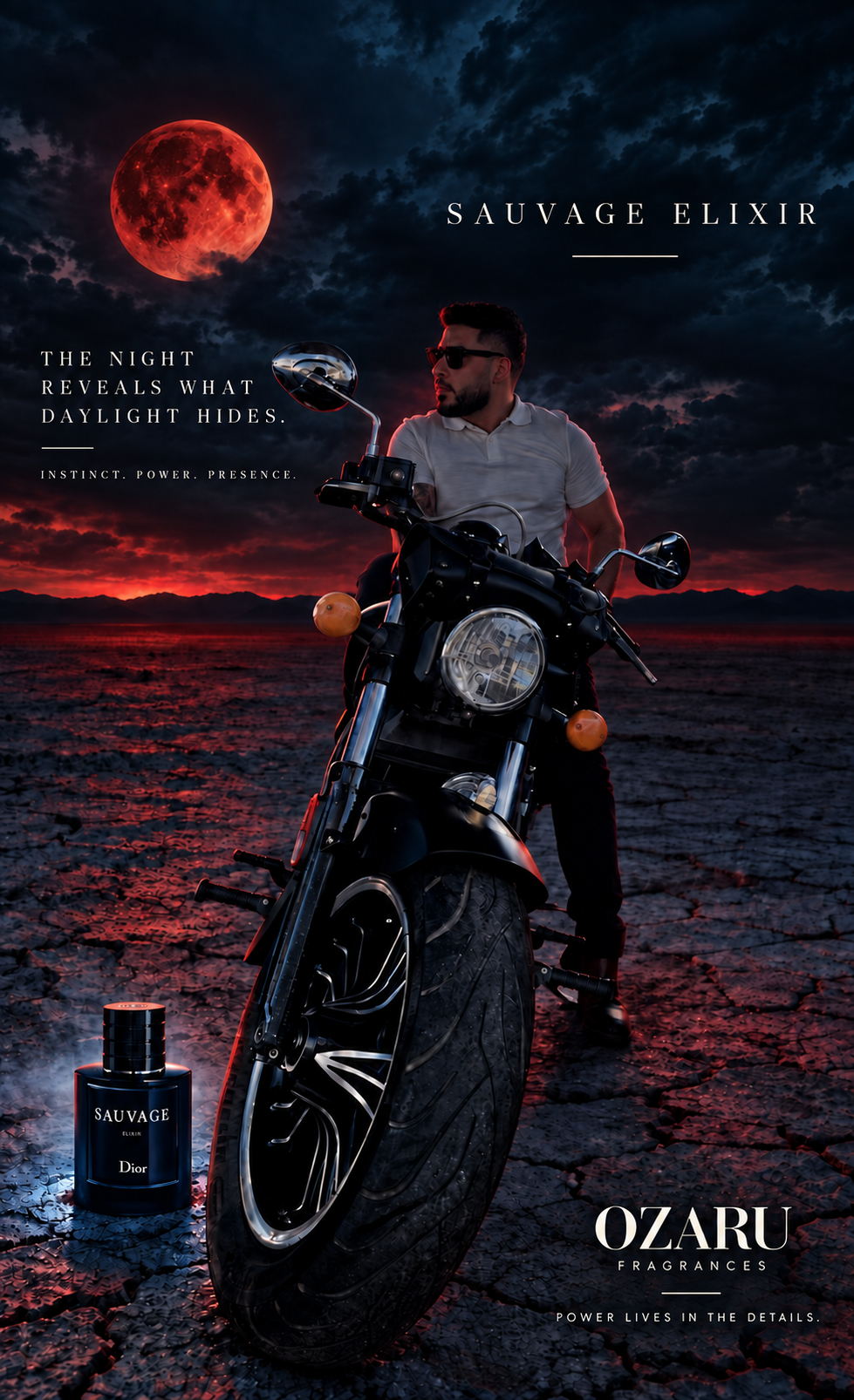 Iván G with his motorcycle in the Dior Sauvage Elixir campaign for OZARU Fragrances