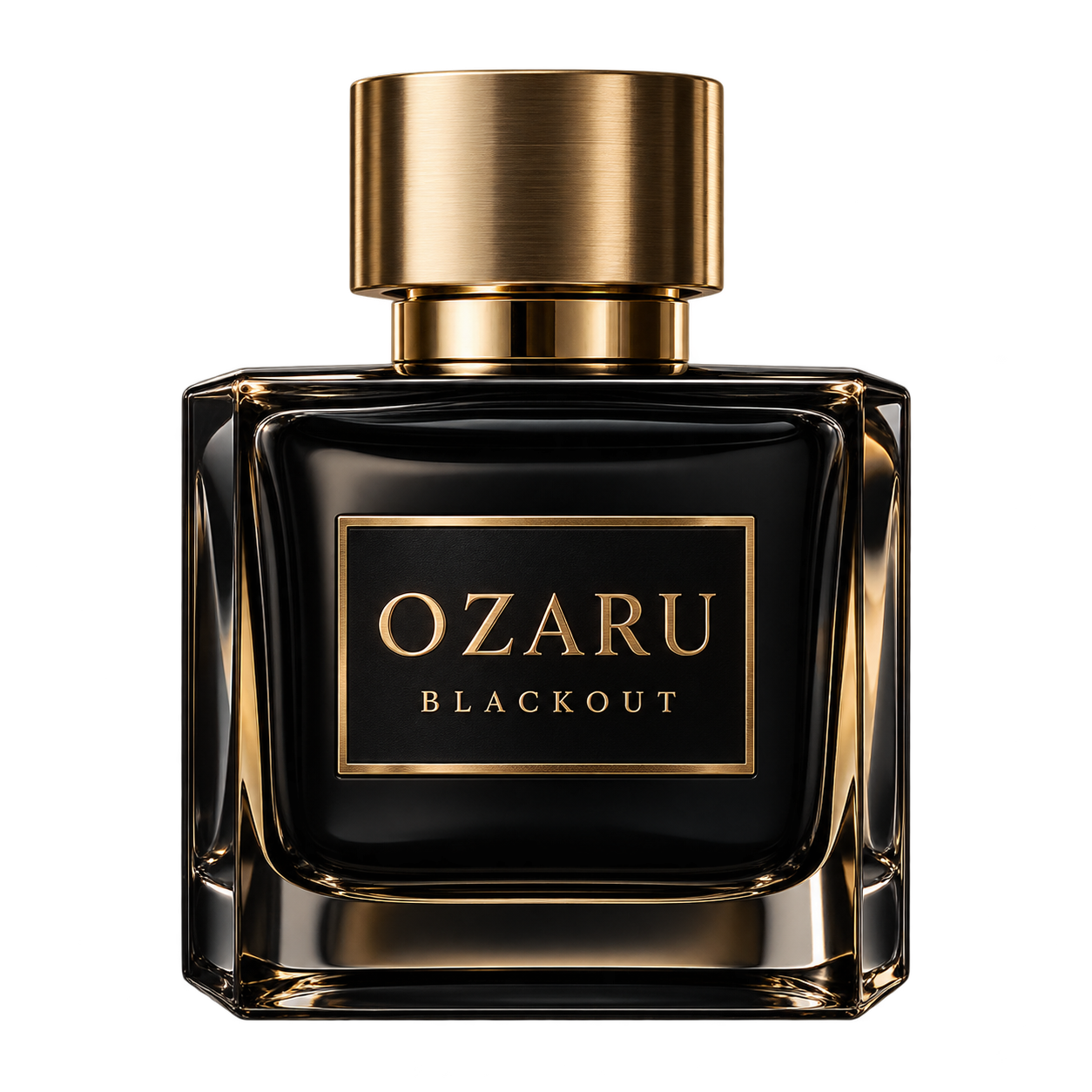OZARU Blackout fragrance bottle in black glass and gold