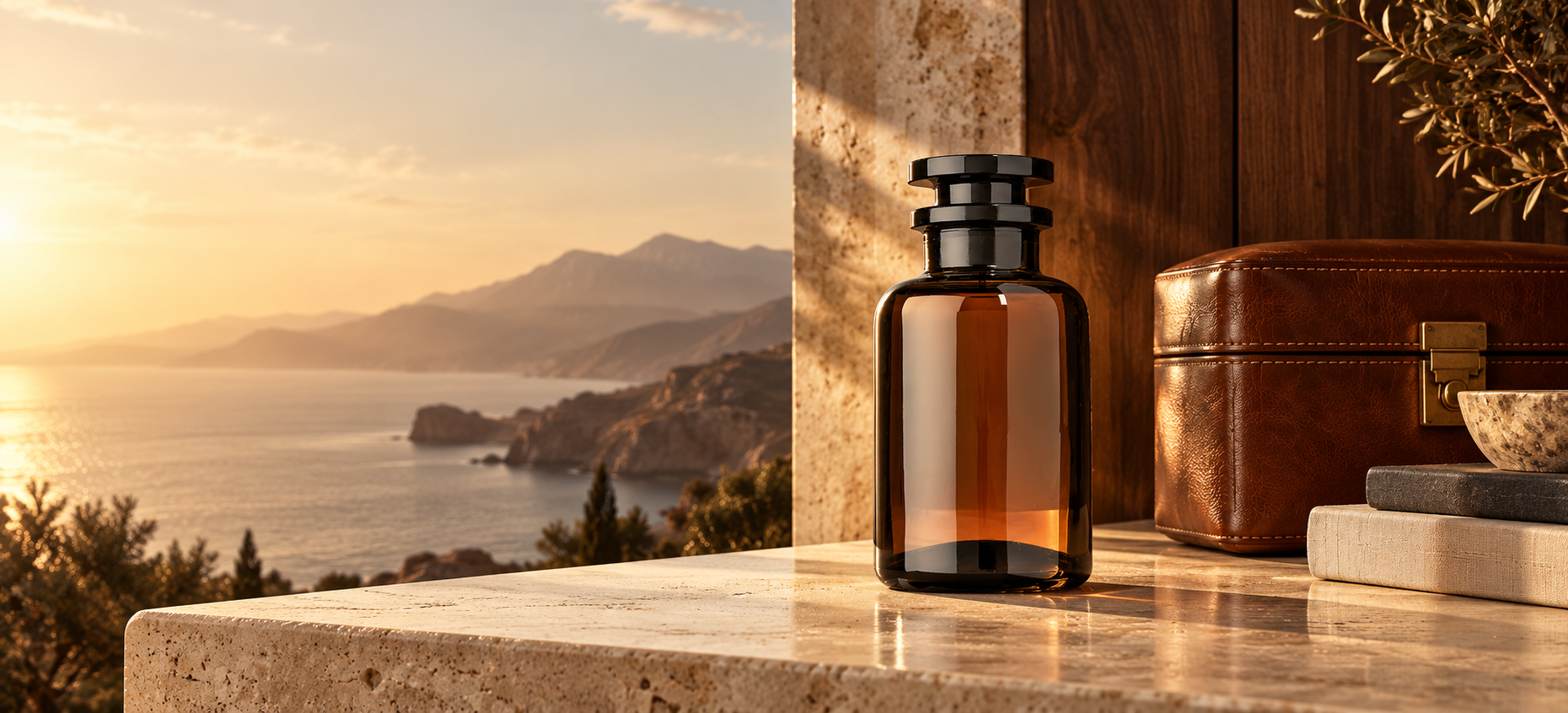 A fragrance beside cognac leather, walnut wood and warm stone